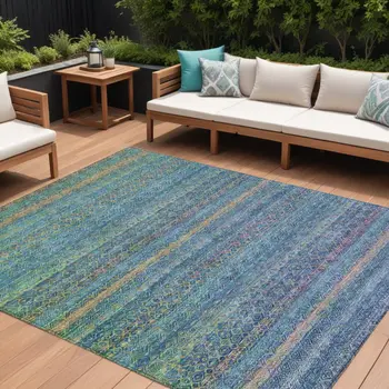 8' X 10' Teal Blue And Copper Striped Washable Indoor Outdoor Area Rug