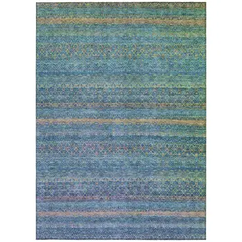 9' X 12' Teal Blue And Copper Striped Washable Indoor Outdoor Area Rug