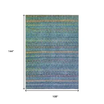 9' X 12' Teal Blue And Copper Striped Washable Indoor Outdoor Area Rug