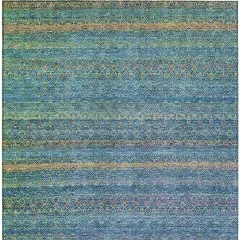 9' X 12' Teal Blue And Copper Striped Washable Indoor Outdoor Area Rug