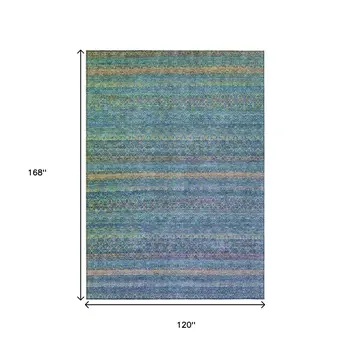 10' X 14' Teal Blue And Copper Striped Washable Indoor Outdoor Area Rug
