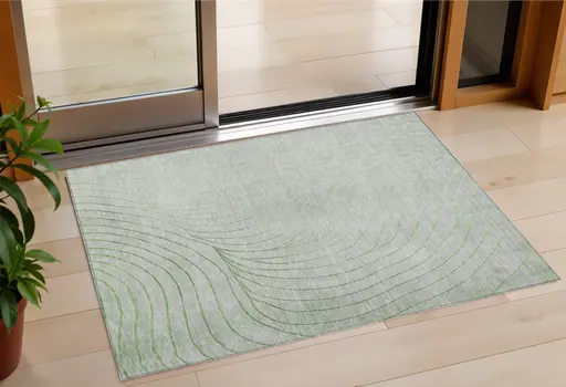 3' X 5' Artichoke Green And Silver Abstract Washable Indoor Outdoor Area Rug