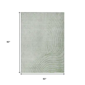 5' X 8' Artichoke Green And Silver Abstract Washable Indoor Outdoor Area Rug