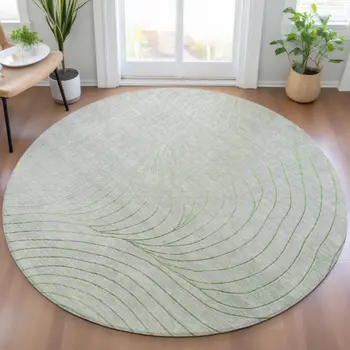 8' Artichoke Green And Silver Round Abstract Washable Indoor Outdoor Area Rug