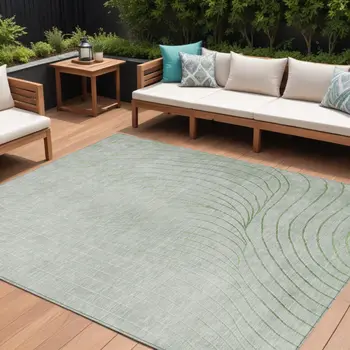 10' X 14' Artichoke Green And Silver Abstract Washable Indoor Outdoor Area Rug