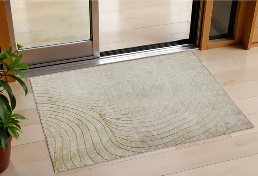 3' X 5' Beige And Silver Abstract Washable Indoor Outdoor Area Rug