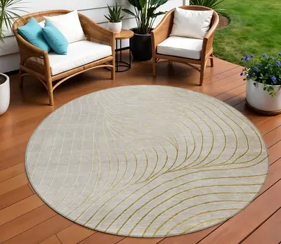 8' Beige And Silver Round Abstract Washable Indoor Outdoor Area Rug