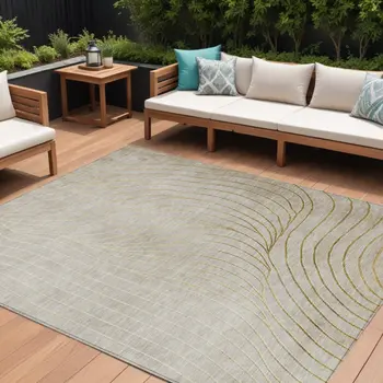 10' X 14' Beige And Silver Abstract Washable Indoor Outdoor Area Rug
