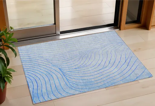 3' X 5' Blue And Silver Abstract Washable Indoor Outdoor Area Rug