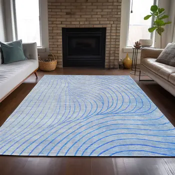 5' X 8' Blue And Silver Abstract Washable Indoor Outdoor Area Rug