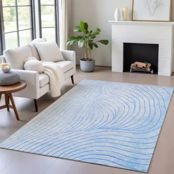 9' X 12' Blue And Silver Abstract Washable Indoor Outdoor Area Rug