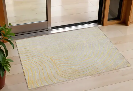 3' X 5' Gold And Silver Abstract Washable Indoor Outdoor Area Rug