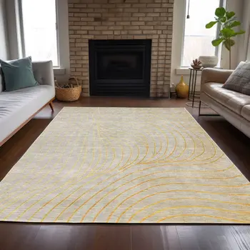3' X 5' Gold And Silver Abstract Washable Indoor Outdoor Area Rug