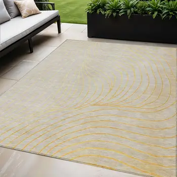 5' X 8' Gold And Silver Abstract Washable Indoor Outdoor Area Rug