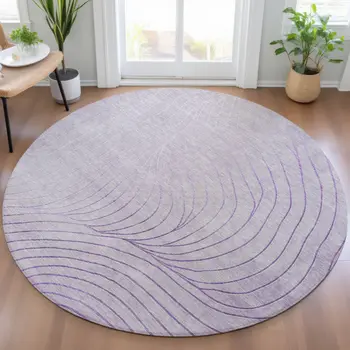 8' Lavender And Silver Round Abstract Washable Indoor Outdoor Area Rug