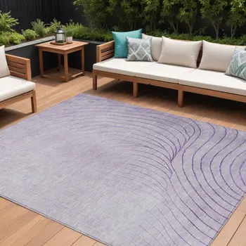 9' X 12' Lavender And Silver Abstract Washable Indoor Outdoor Area Rug