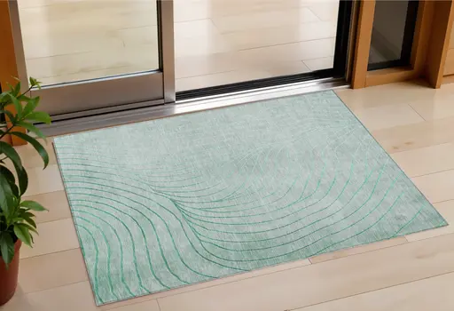 3' X 5' Mint Green And Silver Abstract Washable Indoor Outdoor Area Rug