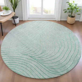 8' Mint Green And Silver Round Abstract Washable Indoor Outdoor Area Rug