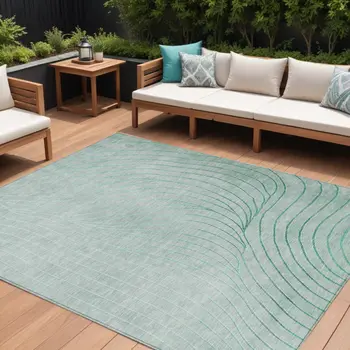 8' X 10' Mint Green And Silver Abstract Washable Indoor Outdoor Area Rug