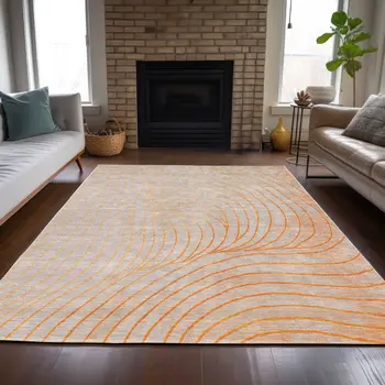 5' X 8' Orange And Silver Abstract Washable Indoor Outdoor Area Rug