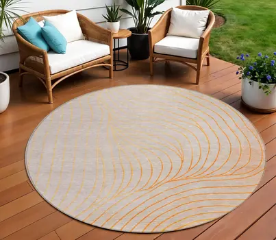 8' Orange And Silver Round Abstract Washable Indoor Outdoor Area Rug