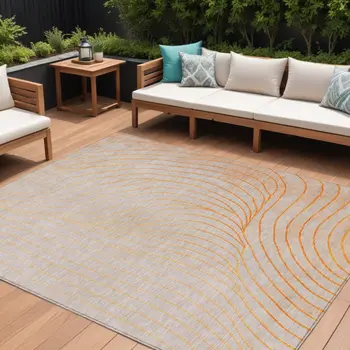 8' X 10' Orange And Silver Abstract Washable Indoor Outdoor Area Rug