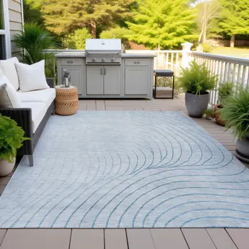 5' X 8' Sky Blue And Silver Abstract Washable Indoor Outdoor Area Rug