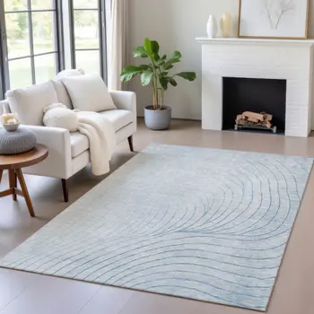 5' X 8' Sky Blue And Silver Abstract Washable Indoor Outdoor Area Rug