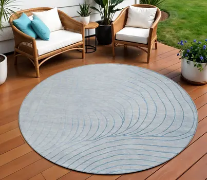 8' Sky Blue And Silver Round Abstract Washable Indoor Outdoor Area Rug