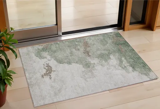 3' X 5' Artichoke Green And Linen Abstract Washable Indoor Outdoor Area Rug