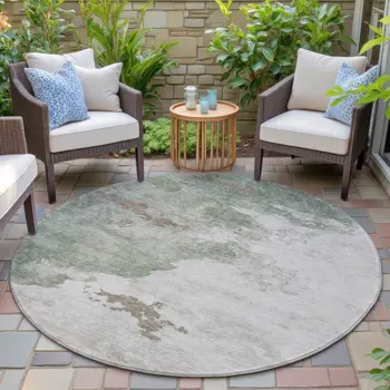 8' Artichoke Green And Linen Round Abstract Washable Indoor Outdoor Area Rug