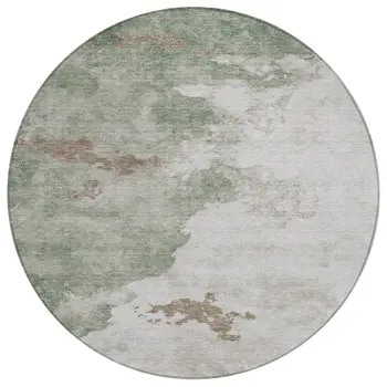 8' Artichoke Green And Linen Round Abstract Washable Indoor Outdoor Area Rug