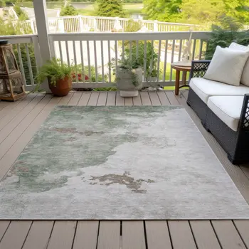 8' X 10' Artichoke Green And Linen Abstract Washable Indoor Outdoor Area Rug