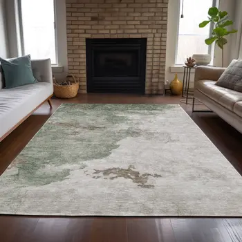 9' X 12' Artichoke Green And Linen Abstract Washable Indoor Outdoor Area Rug
