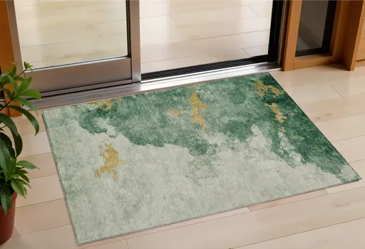 3' X 5' Emerald And Gold Abstract Washable Indoor Outdoor Area Rug