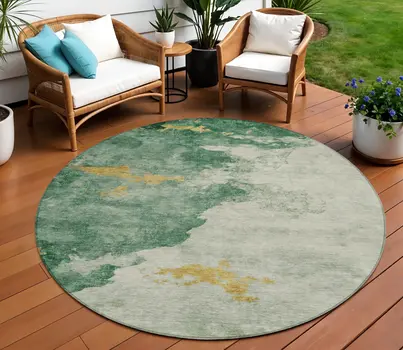 8' Emerald And Gold Round Abstract Washable Indoor Outdoor Area Rug