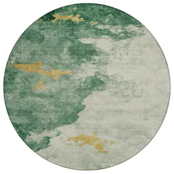 8' Emerald And Gold Round Abstract Washable Indoor Outdoor Area Rug