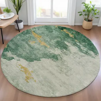 8' Emerald And Gold Round Abstract Washable Indoor Outdoor Area Rug