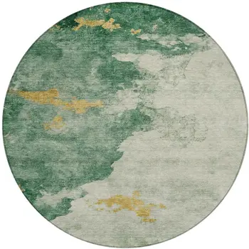 8' Emerald And Gold Round Abstract Washable Indoor Outdoor Area Rug