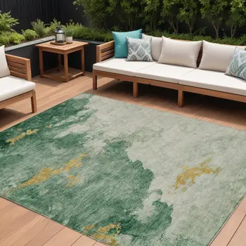 10' X 14' Emerald And Gold Abstract Washable Indoor Outdoor Area Rug