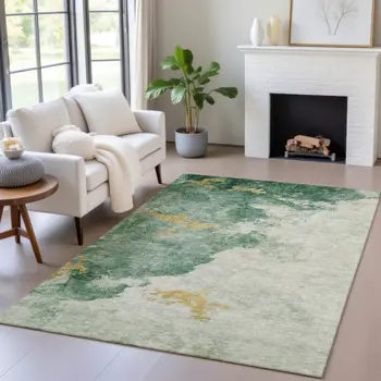 10' X 14' Emerald And Gold Abstract Washable Indoor Outdoor Area Rug