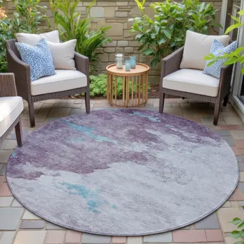 8' Lavender And Teal Blue Round Abstract Washable Indoor Outdoor Area Rug