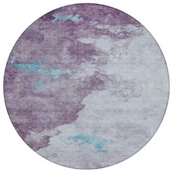 8' Lavender And Teal Blue Round Abstract Washable Indoor Outdoor Area Rug
