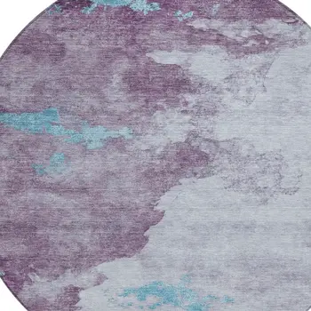 8' Lavender And Teal Blue Round Abstract Washable Indoor Outdoor Area Rug
