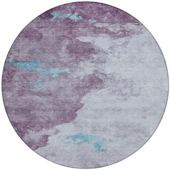 8' Lavender And Teal Blue Round Abstract Washable Indoor Outdoor Area Rug