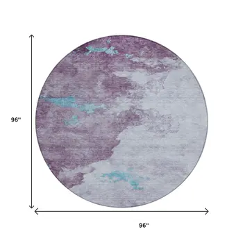 8' Lavender And Teal Blue Round Abstract Washable Indoor Outdoor Area Rug