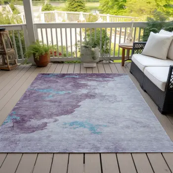 8' X 10' Lavender And Teal Blue Abstract Washable Indoor Outdoor Area Rug