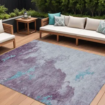 10' X 14' Lavender And Teal Blue Abstract Washable Indoor Outdoor Area Rug