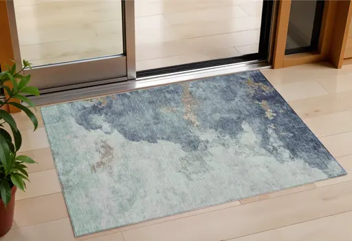 3' X 5' Pale Aqua And Taupe Abstract Washable Indoor Outdoor Area Rug