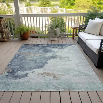 3' X 5' Pale Aqua And Taupe Abstract Washable Indoor Outdoor Area Rug
